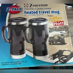 2 NEW Emerson Stainless Steel Heated 14oz Travel Mug 12V Auto Power Adapter Lun